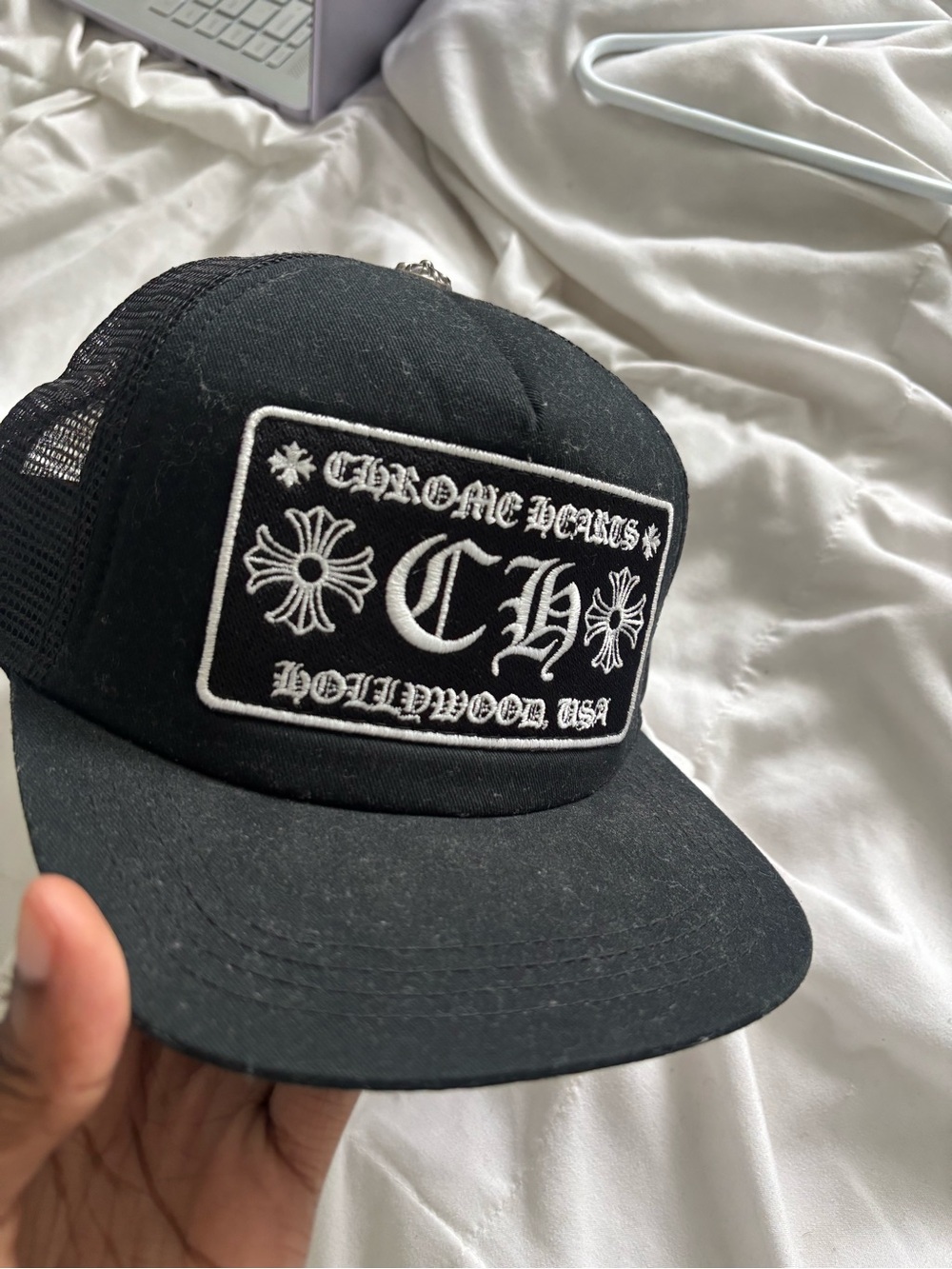 Chrome Hearts Black Trucker Cap with White Embroidered Patch